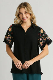 Umgee Full Size Linen Shirt with Embroidered Sleeves Plus Size | Daverri Fashions