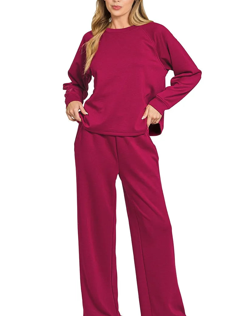 CABERNET M Zenana Scuba Crewneck Sweatshirt and Pants Set Cabernet | Loungewear Sets Daverri Fashions
