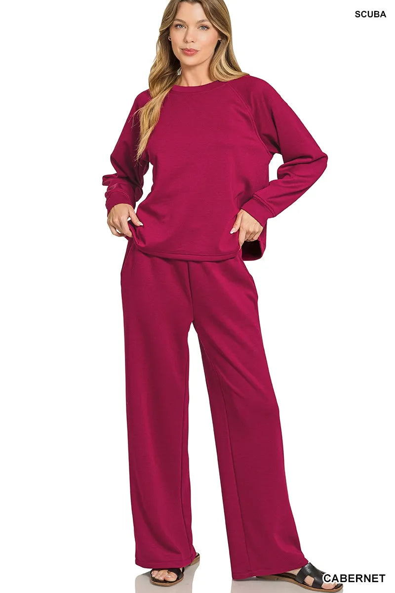 CABERNET M Zenana Scuba Crewneck Sweatshirt and Pants Set Cabernet | Loungewear Sets Daverri Fashions