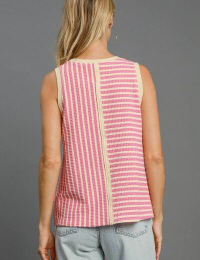 Umgee Round Neck Texture Striped Tank Pink | Tank Tops Daverri Fashions