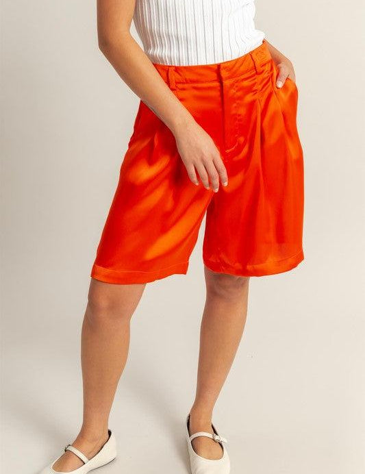 Red HYFVE High-Waist Pleated Satin Shorts | Shorts Daverri Fashions
