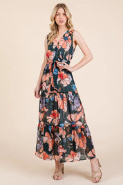 Lime 'N' Chili Floral Print Sleeveless Tie Waist Maxi Dress | Daverri Fashions