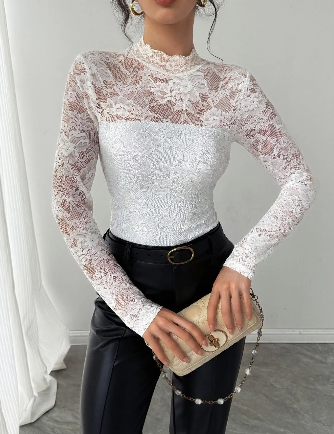 White Mock Neck Long Sleeve Lace Top | Tops Daverri Fashions