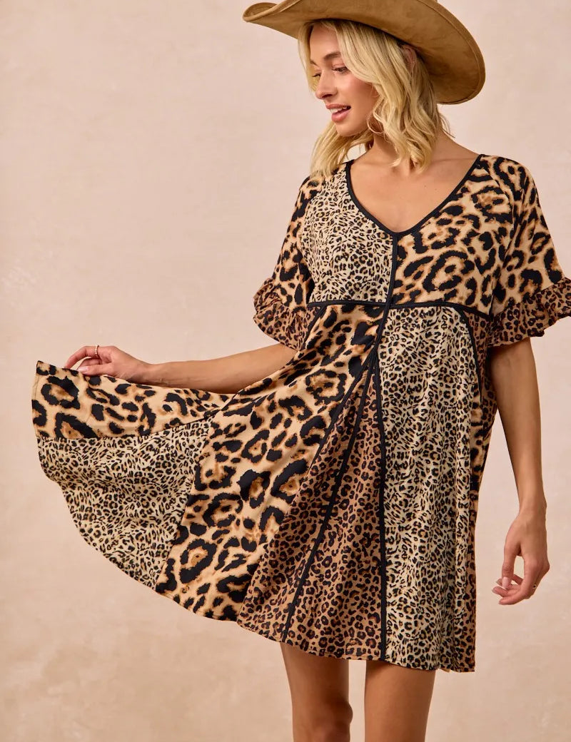 BiBi Leopard Prints Mix and Match Short Sleeves Dress | Mini Dresses Daverri Fashions