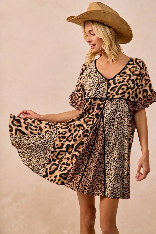 BiBi Leopard Prints Mix and Match Short Sleeves Dress - DAVERRI FASHIONS