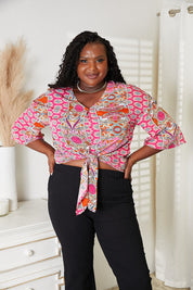 Tie Hem V-Neck Three-Quarter Sleeve Blouse | Daverri Fashions
