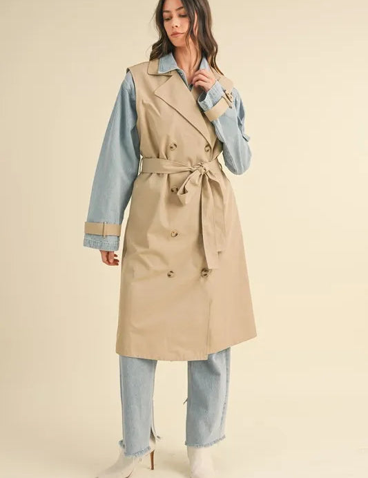 MABLE Layered Look Trench Coat With Denim Jacket | Daverri Fashions