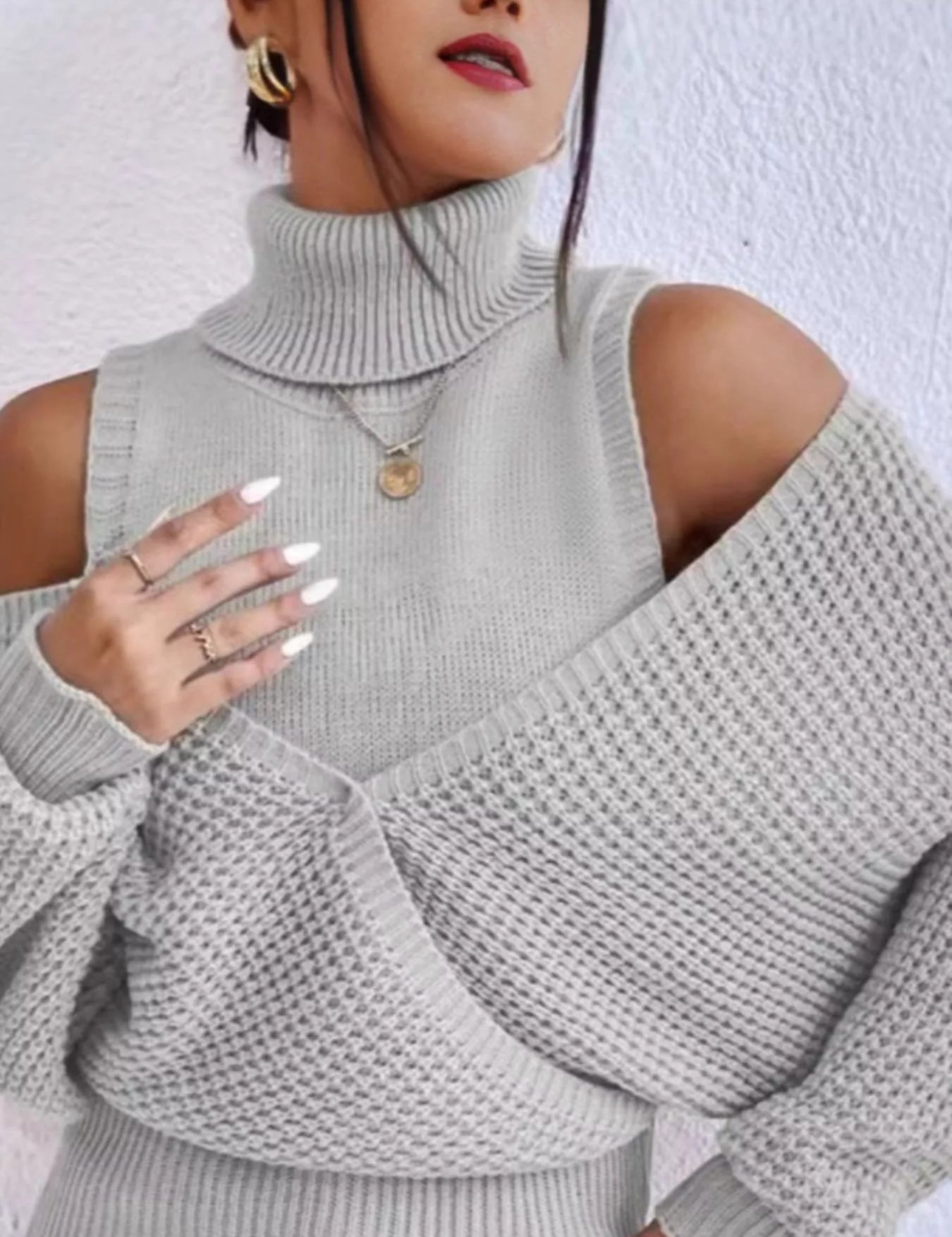 Waffle Knit Cold Shoulder Turtleneck Sweater | Sweaters Daverri Fashions