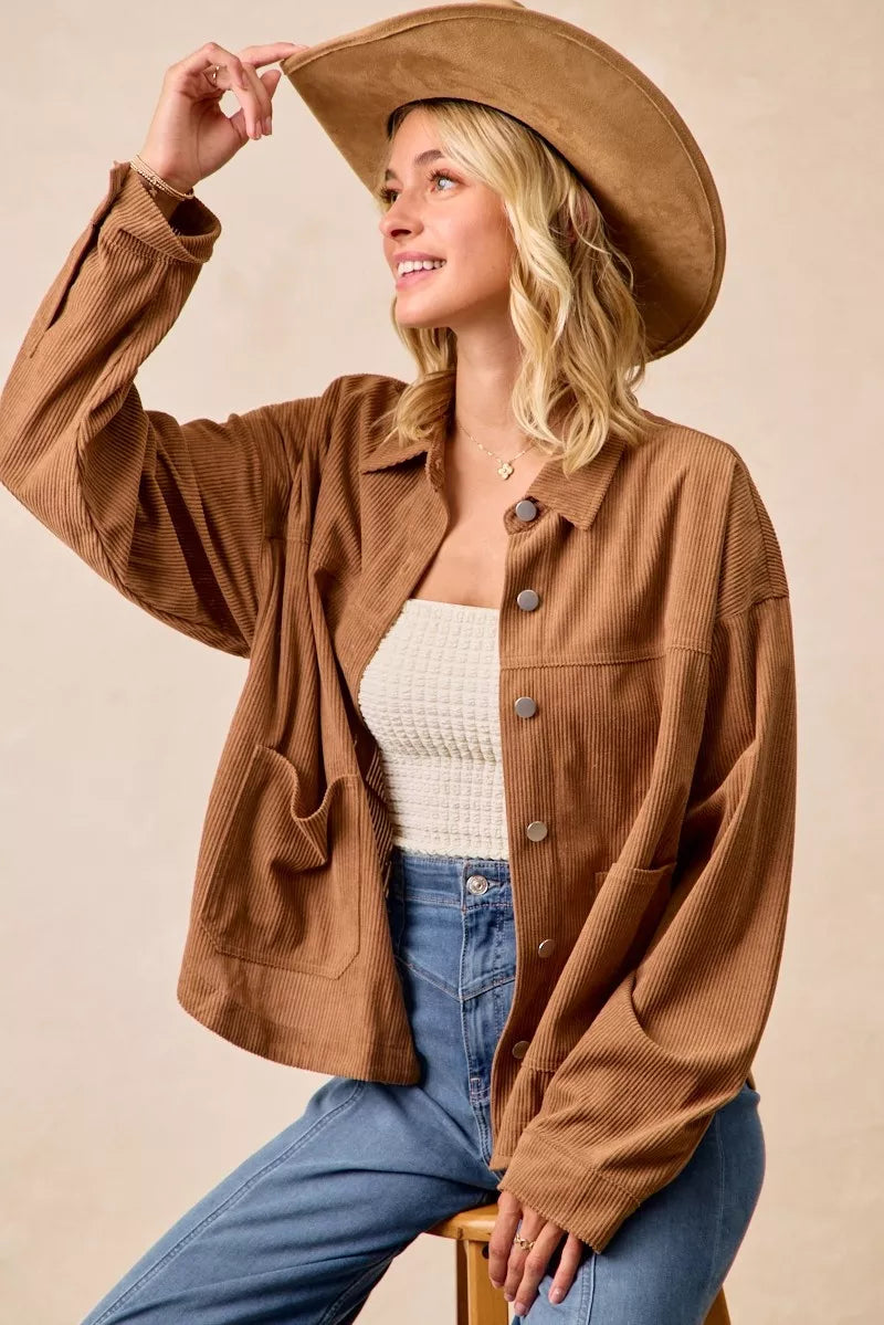 BiBi Corduroy Relaxed Fit Shacket with Back Pleat | Shackets Daverri Fashions