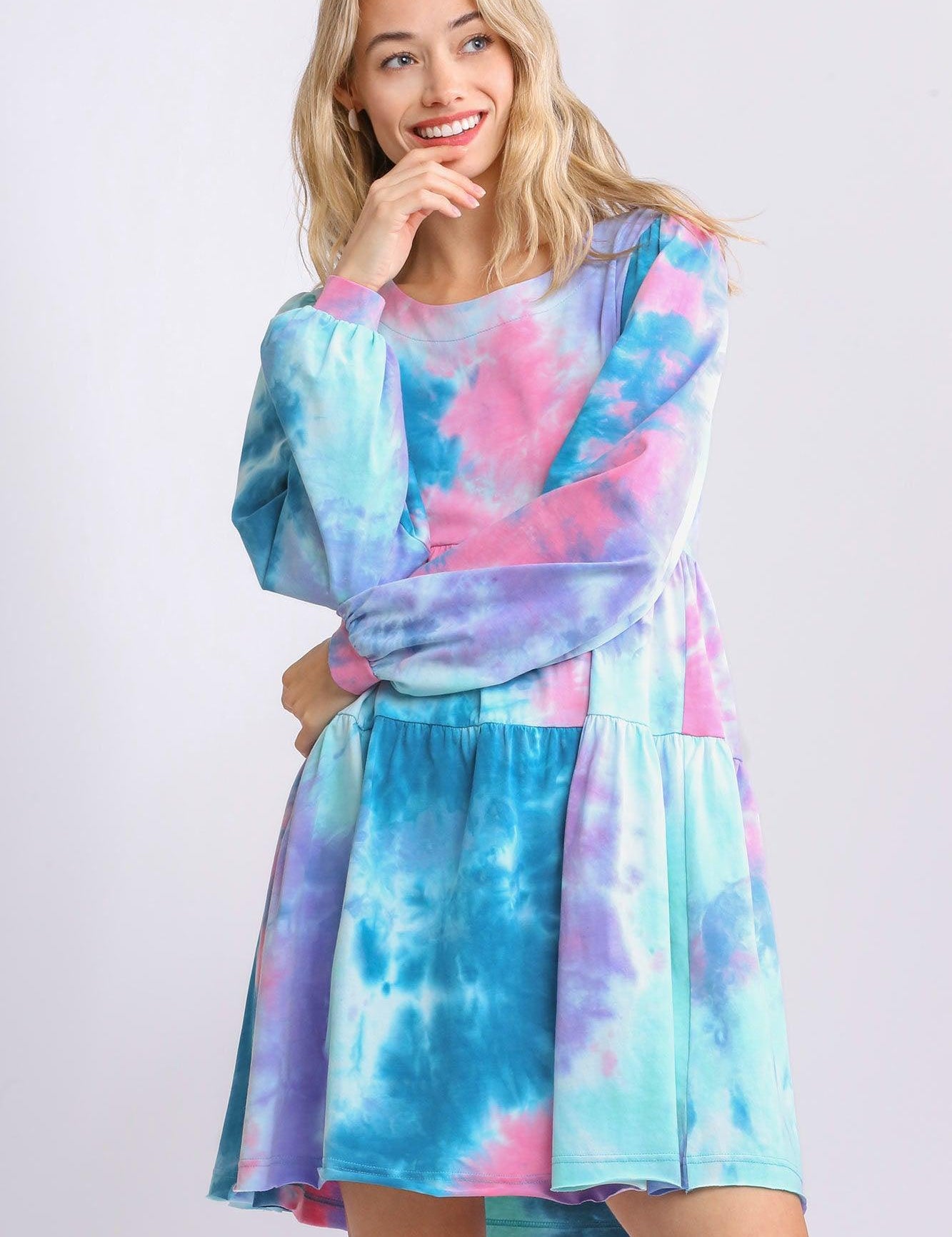 TEAL PINK Tie Dye Round Neck Long Sleeve Babydoll Tiered Dress | Babydoll Dresses Daverri Fashions