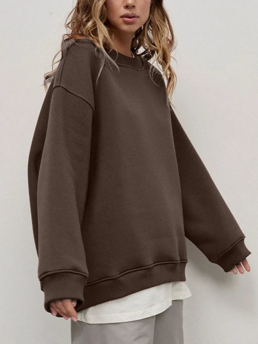 Coffee Brown Round Neck Dropped Shoulder Long Sleeve Sweatshirt | Sweatshirts Daverri Fashions