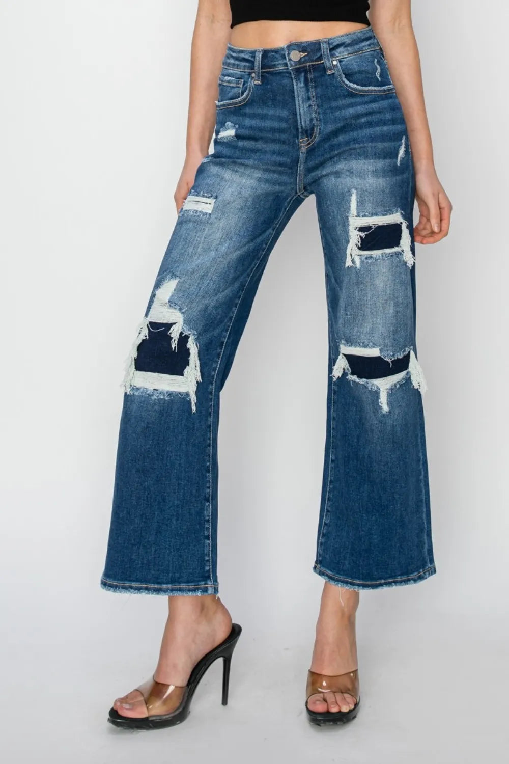 Risen Full Size High Rise Patch Detailed Wide Leg Crop Jeans | Jeans Daverri Fashions