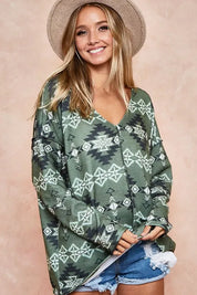 BiBi Aztec Print Brushed Out Stitching Detailed Top | Tops Daverri Fashions