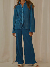 Peacock Blue Button Up Long Sleeve Top and Pants Set | Loungewear Sets Daverri Fashions