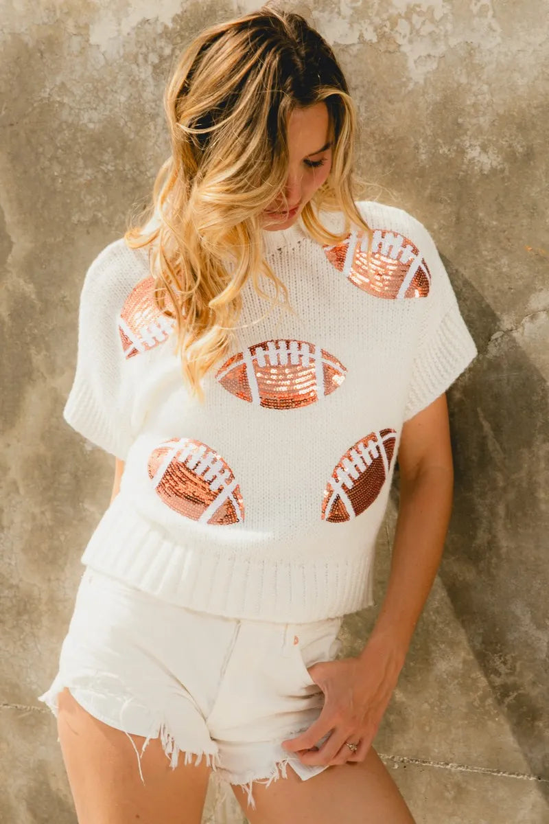 BiBi Gameday Sequin Football Patches Rib Banded Sweater | Sweaters Daverri Fashions