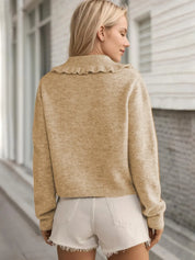 Frill Button Up Collared Neck Long Sleeve Cardigan | Cardigans Daverri Fashions