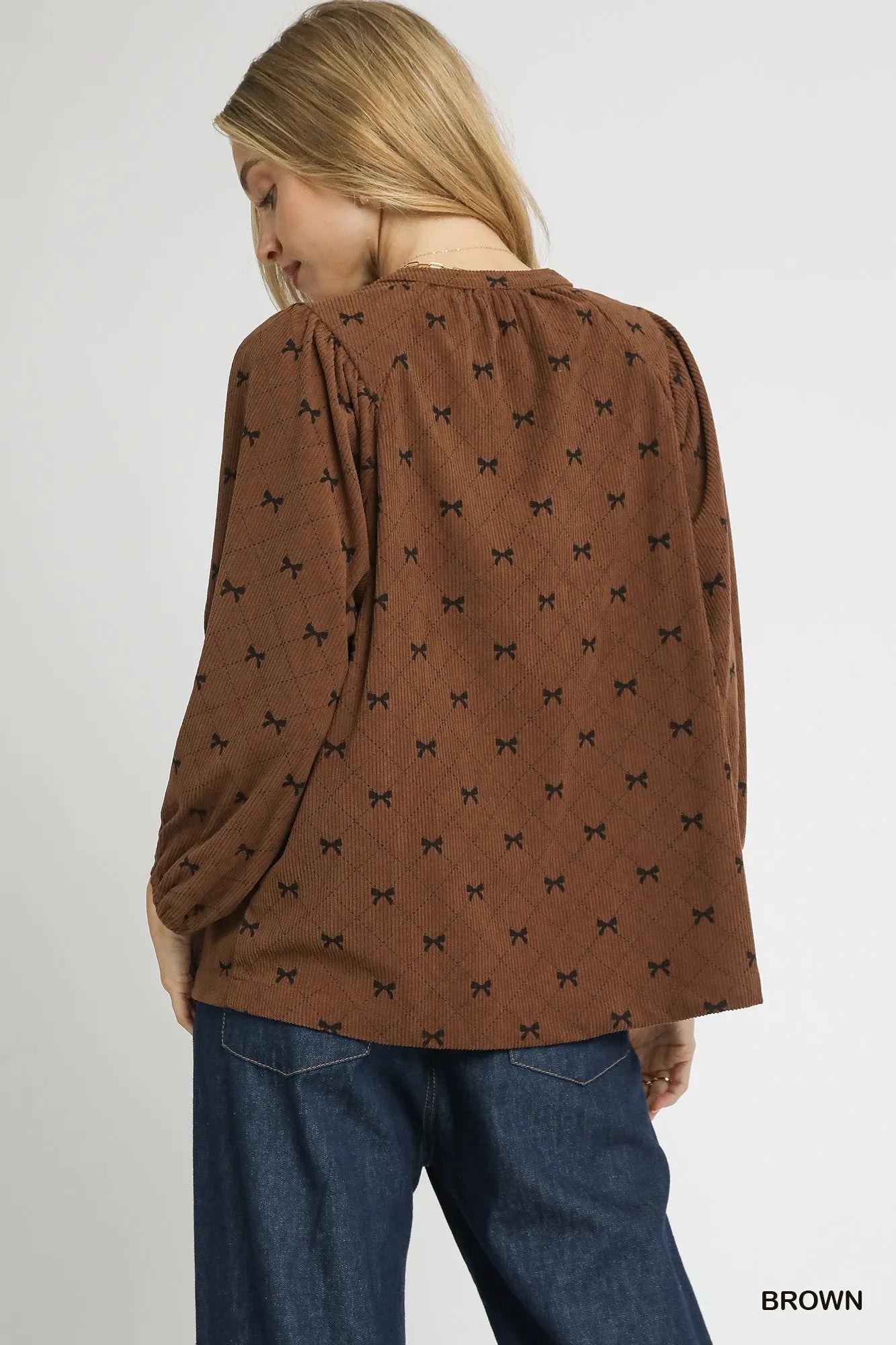 Umgee Corduroy Bow Print Balloon Sleeve Blouse | Daverri Fashions