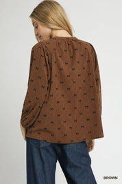Umgee Corduroy Bow Print Balloon Sleeve Blouse | Daverri Fashions