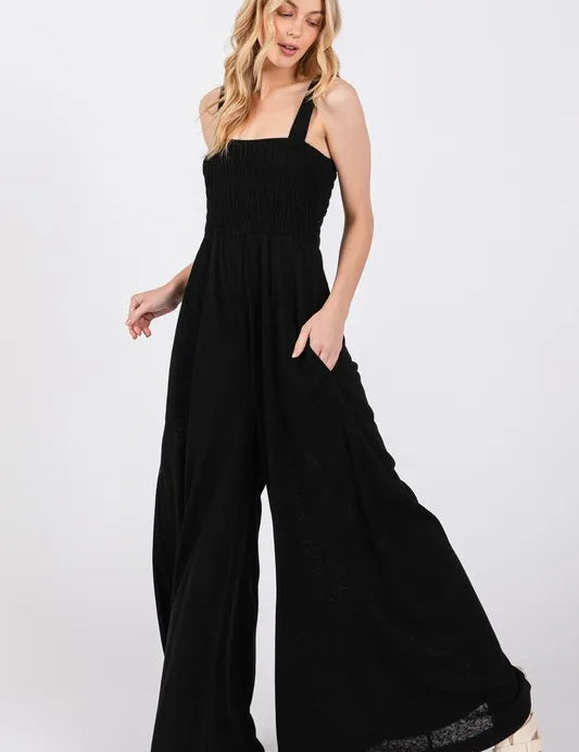 BLACK SAGE+FIG Smocked Flowy Wide Leg Jumpsuit | Daverri Fashions