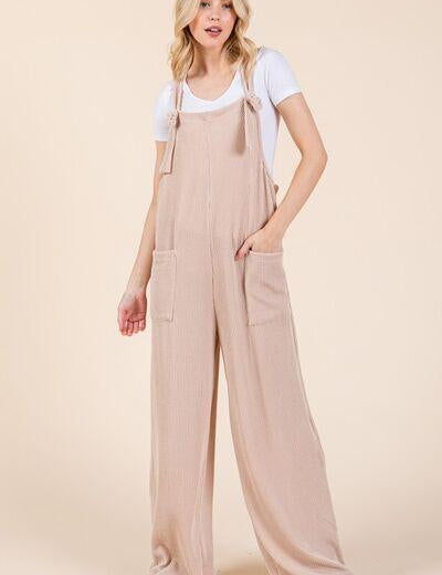Dust Storm BOMBOM Wide Leg Ribbed Overalls with Pockets | Overalls Daverri Fashions