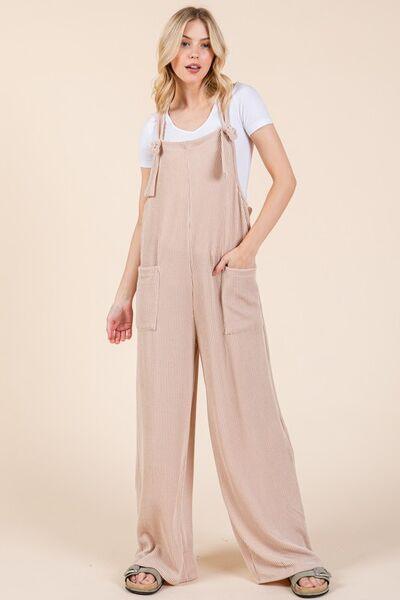 Dust Storm BOMBOM Wide Leg Ribbed Overalls with Pockets | Overalls Daverri Fashions