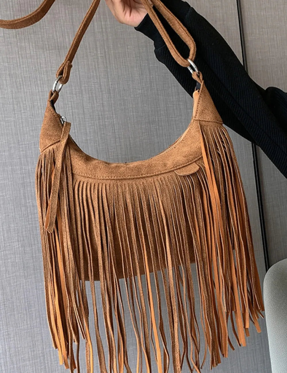 Suede Fringe Adjustable Strap Shoulder Bag | Handbags Daverri Fashions