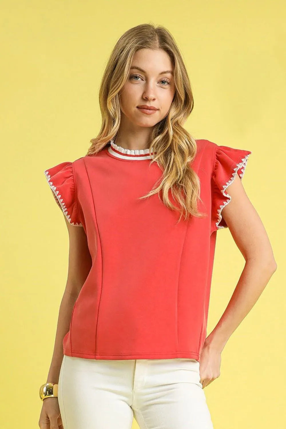 Red Umgee Contrast Trim Ruffle Cap Sleeve Blouse | Daverri Fashions