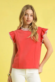 Red Umgee Contrast Trim Ruffle Cap Sleeve Blouse | Daverri Fashions