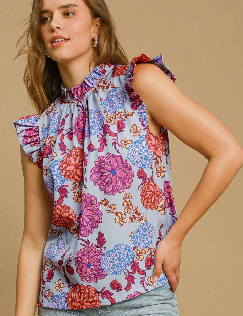 Light Blue XL Umgee Full Size Floral Print Ruffled Cap Sleeve Blouse Plus Size | Blouses Daverri Fashions