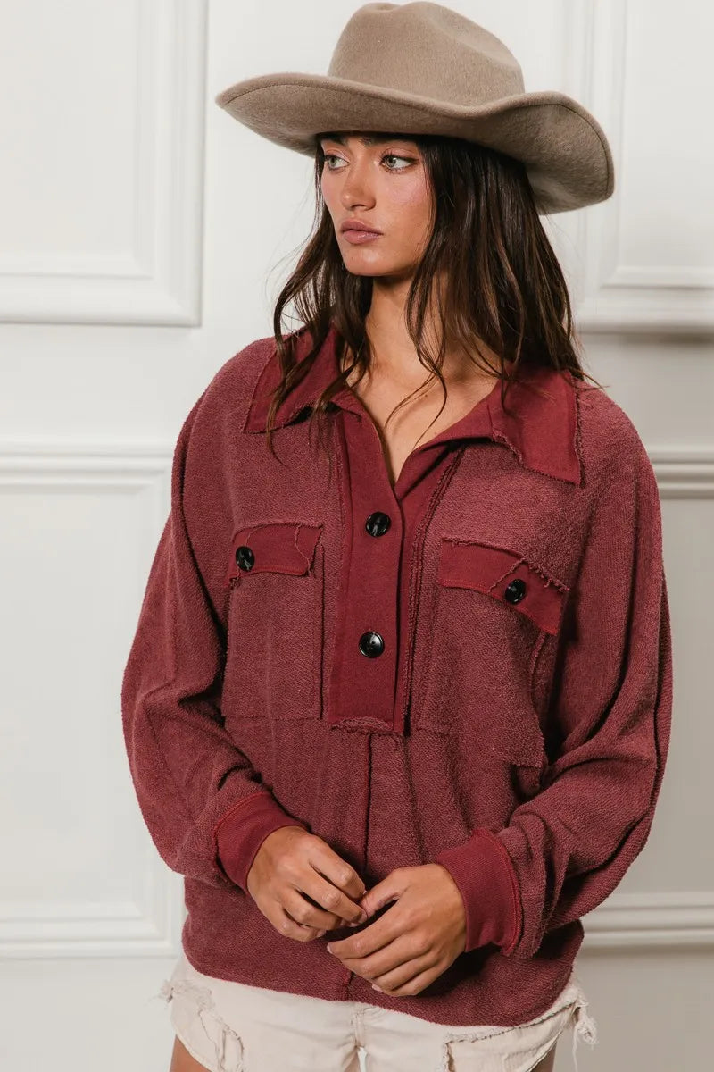 BiBi Cp French Terry Cut Edge Detail Collared Top | Tops Daverri Fashions