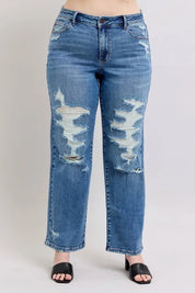 Judy Blue Full Size High Waist Heavy Destroy Straight Jeans Plus Size | Daverri Fashions