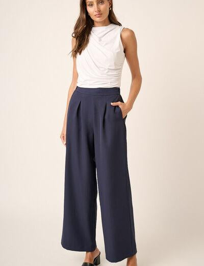 Dark Navy Mittoshop Inverted Pleat Detail Wide Leg Pants Navy | Pants Daverri Fashions