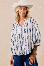 BiBi Bow Ribbon Printed Woven Bubble Sleeves Top | Shirts Daverri Fashions