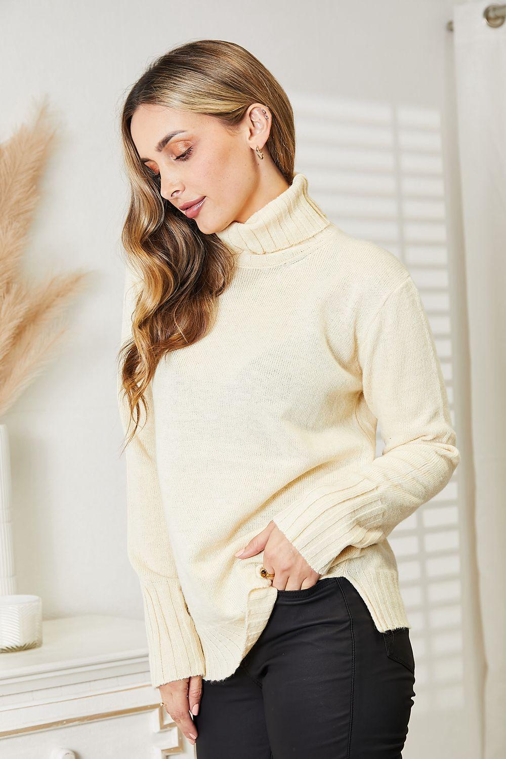Heimish Full Size Long Sleeve Turtleneck Sweater with Side Slit | Sweaters Daverri Fashions