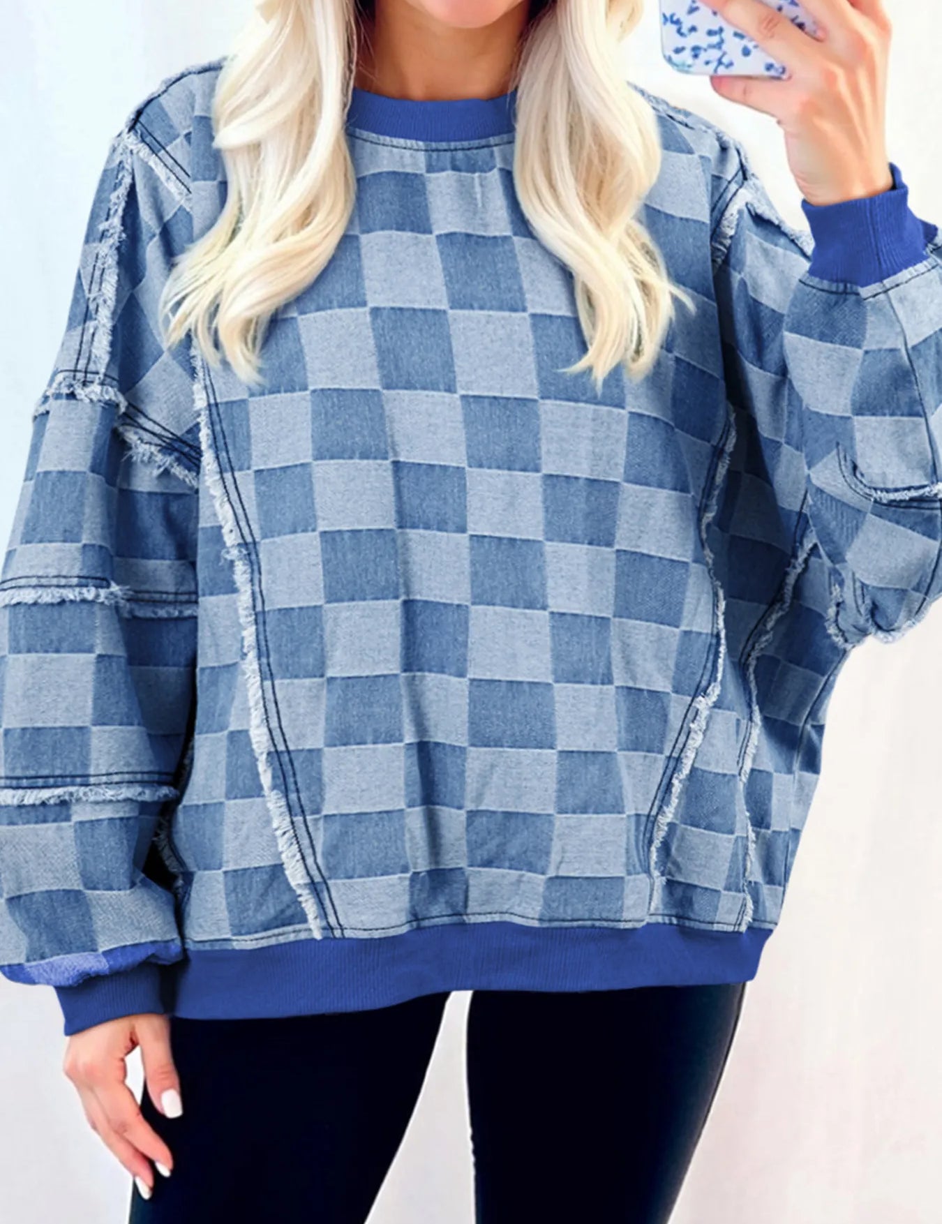 Dusty Blue Checkerboard Splicing Raw Detail Oversized Denim Top | Tops Daverri Fashions