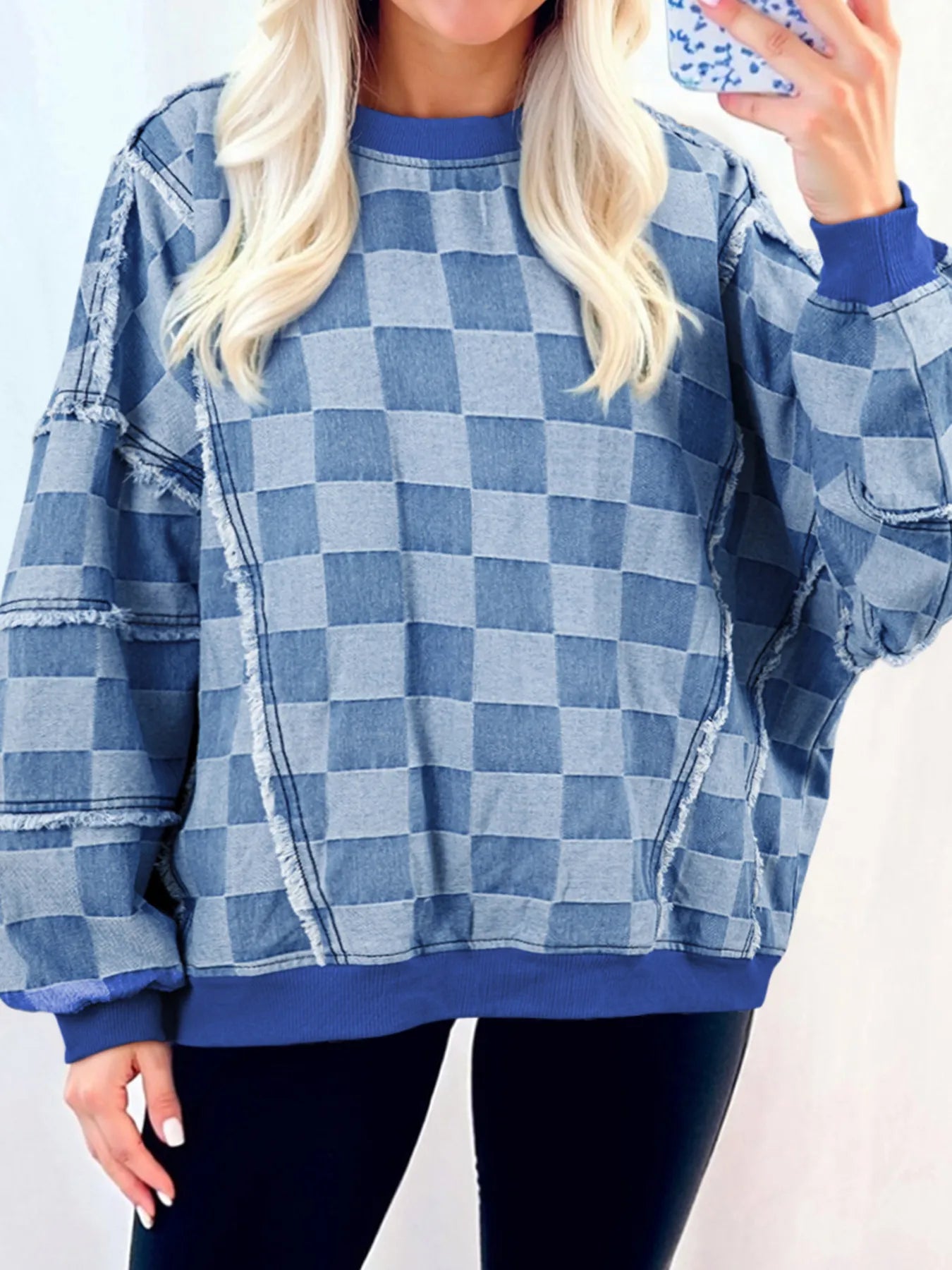 Dusty Blue Checkerboard Splicing Raw Detail Oversized Denim Top | Tops Daverri Fashions