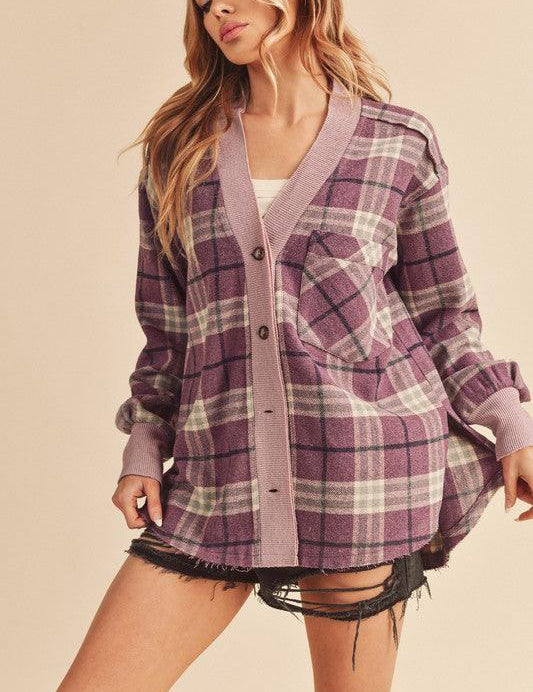 Aemi + Co Side Slit Patch Pocket Plaid Button Down Jacket | Daverri Fashions
