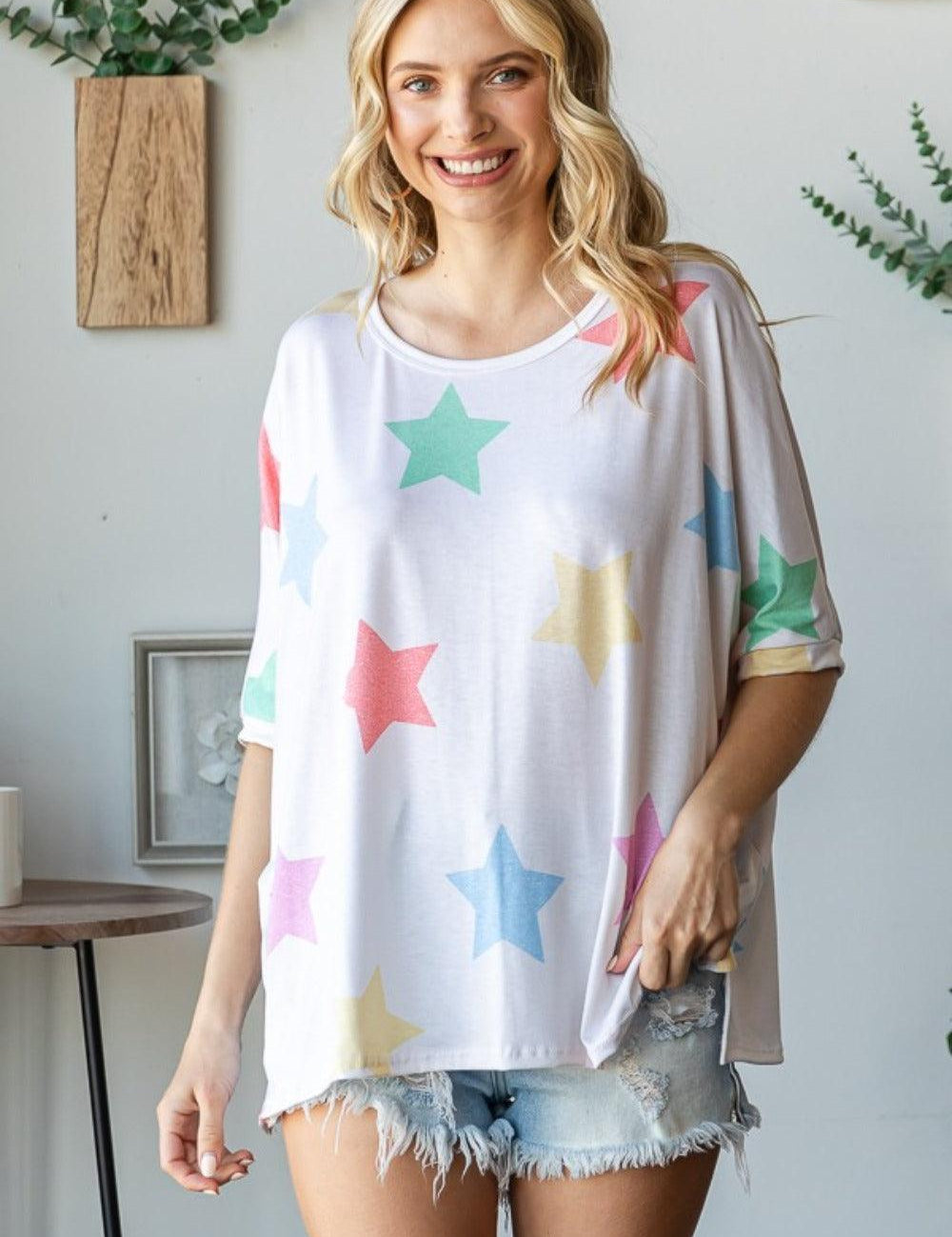 HOPELY Multi Colored Star Print T-Shirt | T-Shirts Daverri Fashions