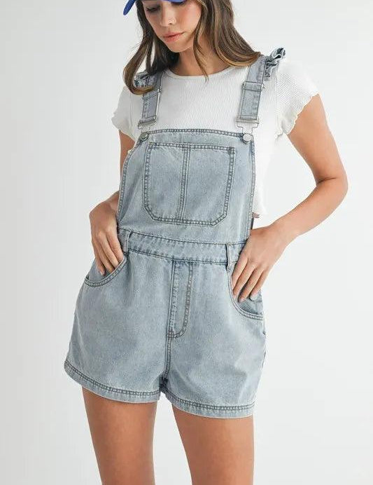 Lt Denim S MABLE Square Neck Ruffle Shoulder Denim Overall Romper | Shortalls Daverri Fashions