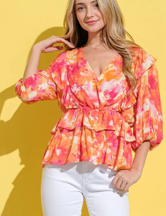 ORANGE And The Why Ruffled Printed Puff Sleeve Blouse | Daverri Fashions