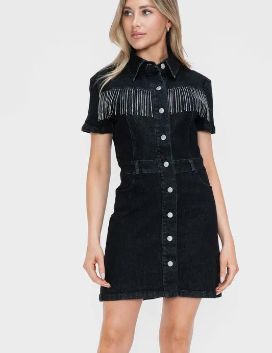 Black bytos Full Size Embellished Button Down Short Sleeve Denim Dress | Mini Dresses Daverri Fashions