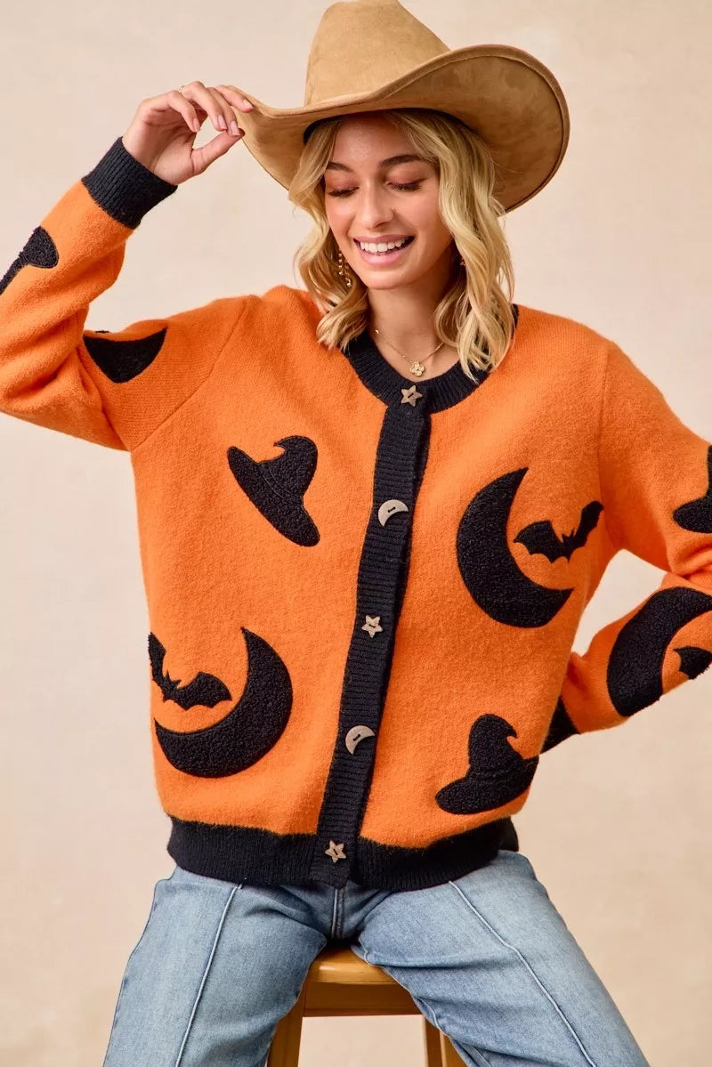BiBi Halloween Witch Hat Moon Bat Artwork Cardigan | Cardigans Daverri Fashions