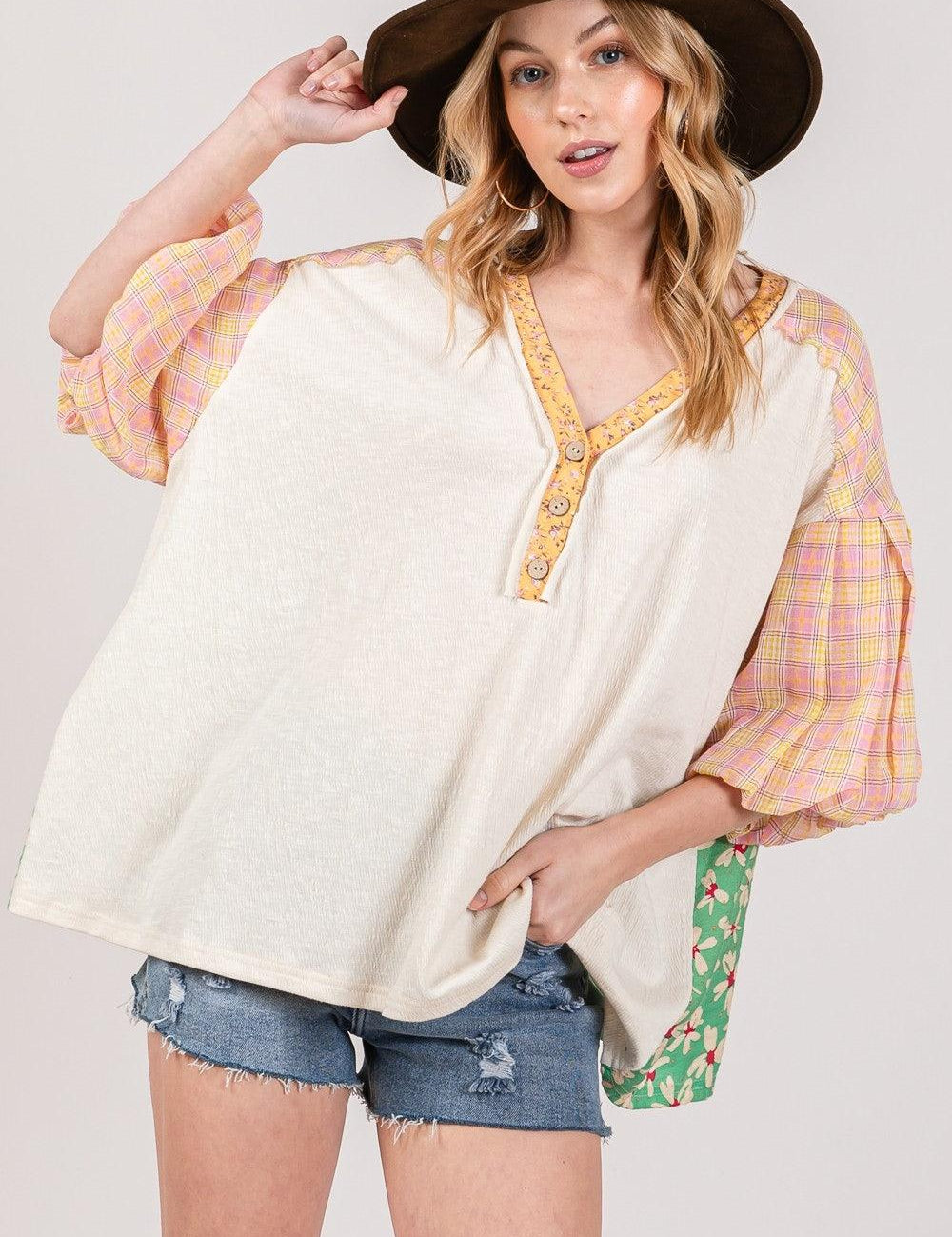 Ivory SAGE + FIG Color Block Bubble Sleeve Top | Tops Daverri Fashions