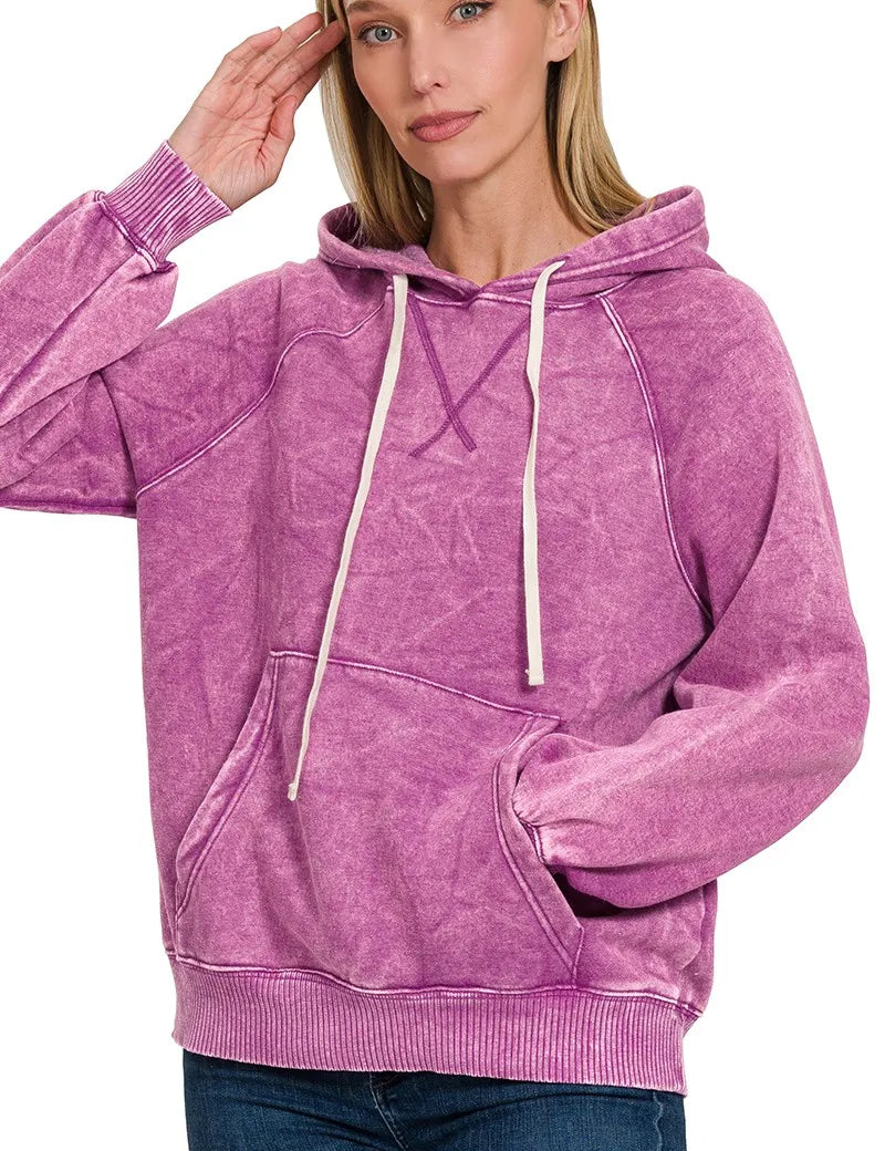 LT PLUM Zenana Acid Wash Fleece Hoodie with Kangaroo Pocket Lt Plum | Hoodies Daverri Fashions