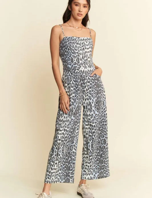 Blue Leopard Davi & Dani Leopard Spaghetti Straps Wide Leg Jumpsuit | Jumpsuits Daverri Fashions