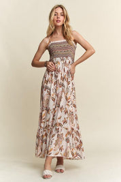 ADORA Smocked Printed Square Neck Tie Shoulder Cami Dress | Daverri Fashions