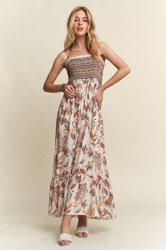 ADORA Smocked Printed Square Neck Tie Shoulder Cami Dress | Daverri Fashions