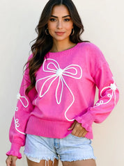 Ribbed Hem Long Sleeve Bow Tie Sweater | Sweaters Daverri Fashions