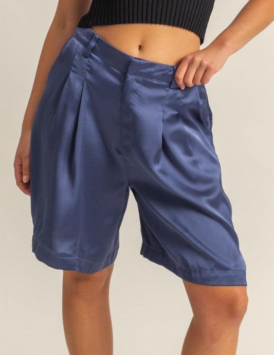 Dusty Blue HYFVE High-Waist Pleated Satin Shorts | Shorts Daverri Fashions