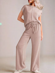 Mocha Ribbed Exposed Seam Top and Pants Set | Loungewear Sets Daverri Fashions